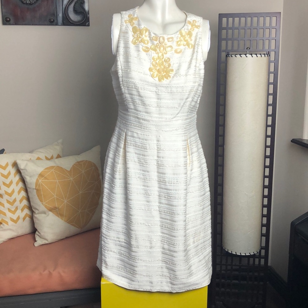 Eliza J Ivory 100% Silk Sleeveless Embelished Bib Sheath Dress Size 10